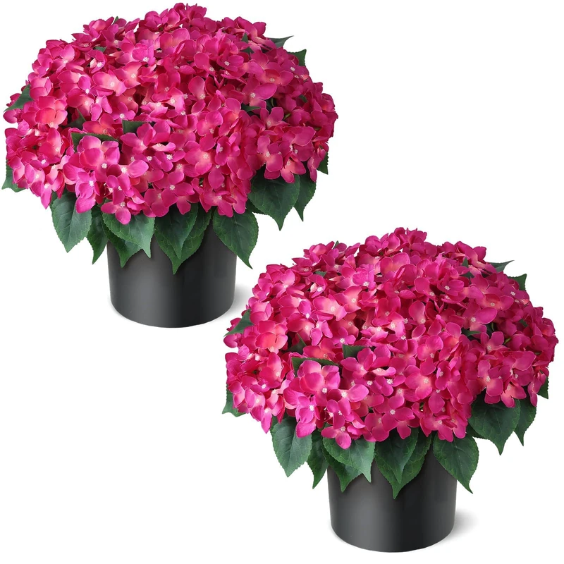 2 Sets 22"Artificial Hydrangea Flower Topiary Trees for Porch(Rose Red)
