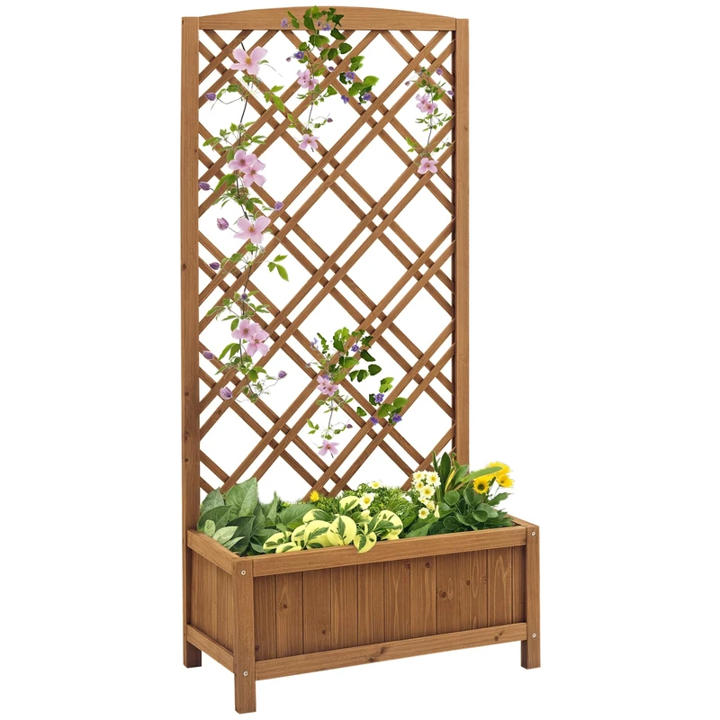 Outsunny Garden Planter with Trellis, Wooden Raised Bed for Garden with Lattice Trellis, Outdoor Planter Box for Vegetables, Herbs and Flowers, 60 x 30 x 122.5 cm, Brown - Image 1