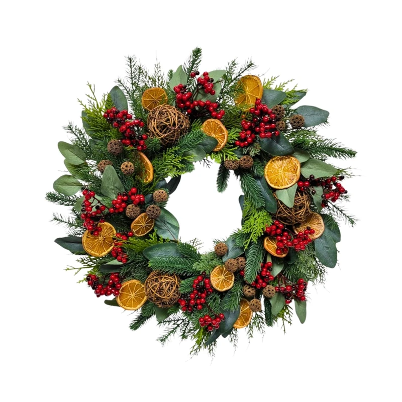 60cm Christmas Wreath for Front Door with Artificial Foliage Orange Slices, Berries, Eucalyptus Rattan Balls Ornaments, Wall Fireplace Indoor Outdoor Xmas Holiday Decorations