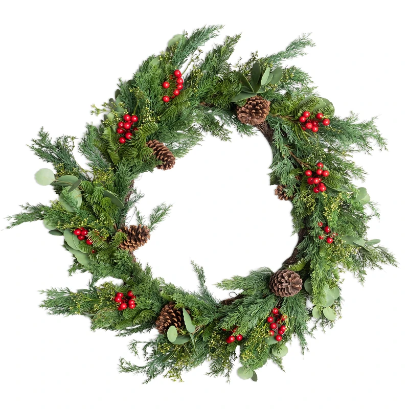 SHATCHI 90cm Cedar Christmas Wreath Artificial Greenery Red Berry & Pinecone Holiday Wreath with Fire-Resistant PE Material, Real-Touch Cedar Branches, Bendable Wire for Front Door & Decoration - Image 1