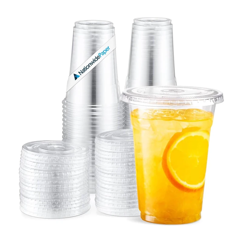 Nationwide Paper 20oz Crystal Clear Smoothie Cups with Flat lids, Perfect for Iced Coffee, Milkshake, Slurpee, Ice Cream, Razzle, Slush, Smoothy, Party's Pack of 500