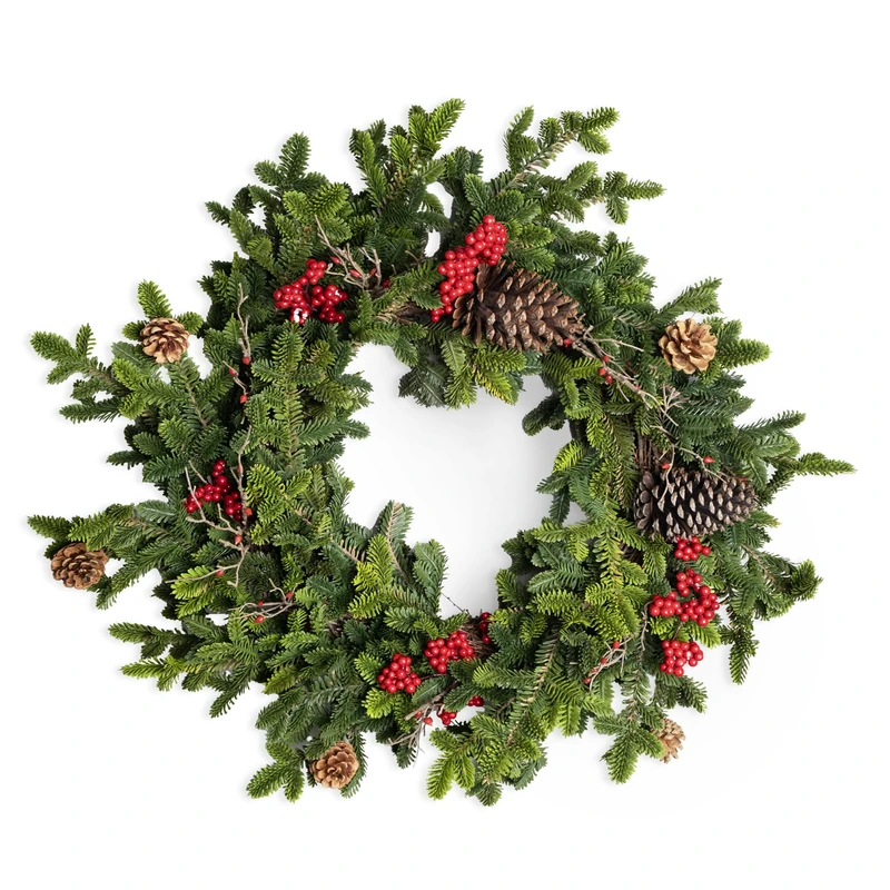SHATCHI Fir Christmas Wreath 80cm PE Material Artificial Holiday Door Wreath with Real Touch Pine Needles Berries Pine Cones Fire Resistant Bendable Wire Wreath for Festive Front Door Winter Decor
