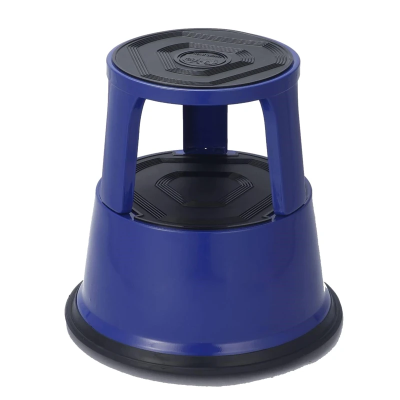 Blue Metal Round Rolling Kick Step Stool with Castor Wheels and 150kg Load Capacity