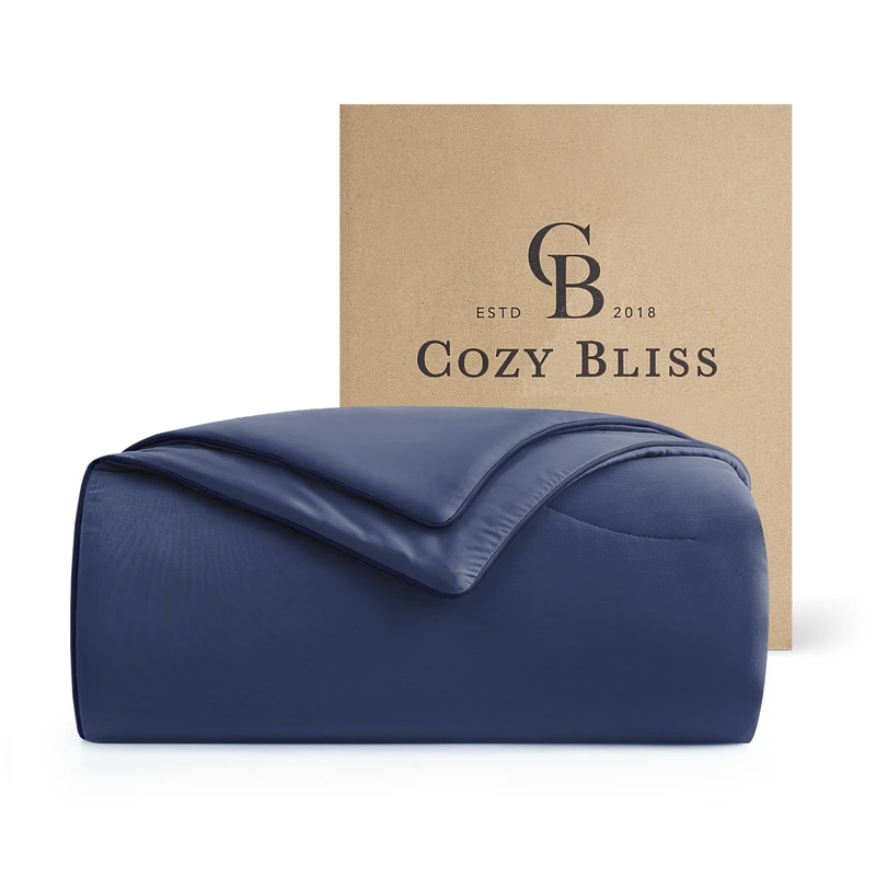 Cozy Bliss Deluxe Dual-Sided Cooling Comforter Queen Size, Ultra-Soft Lightweight Breathable Silky Cooling Blankets with Q-Max>0.45 for Bedroom, Hot Sleepers & Night Sweats, Dark Blue, 90"x90"