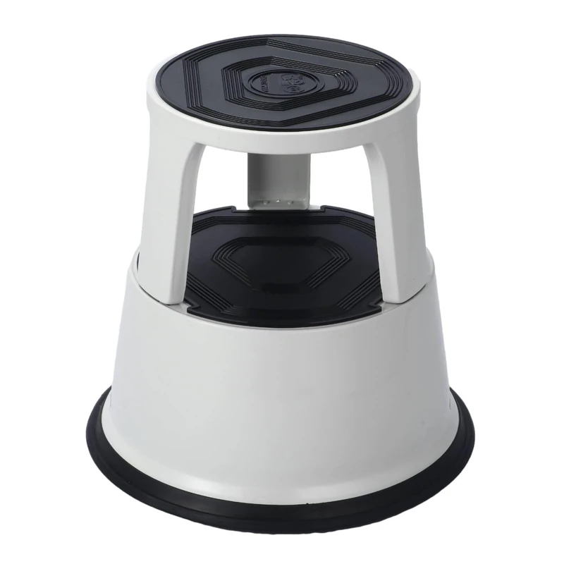 Light Grey Metal Round Rolling Kick Step Stool with Castor Wheels and 150kg Load Capacity