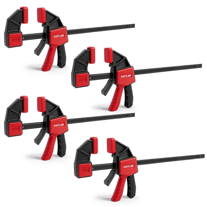 KRETLAW 300mm Wood Clamps 4-Pack, Quick Release C-Clamps & Spreaders, One-Hand Bar Clamp for Woodworking, 75KG Load Capacity