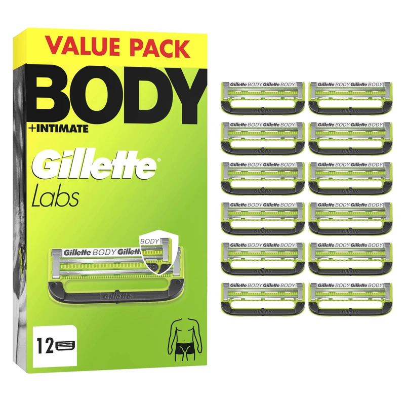 GilletteLabs Body + Intimate Razor Blade Refill Cartridges, 2 Blades and Precision Trimmer, Anti-ingrown Bar, Anti-irritation Bar, Long-lasting Lubrastrip, 12 Cartridges