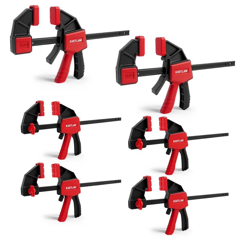 KRETLAW 6-Pack Wood Clamps, 150mm×2 and 120mm×4 Quick Release C-Clamps & Spreaders, One-Hand Bar Clamp for Woodworking, 75KG&45KG Load Capacity
