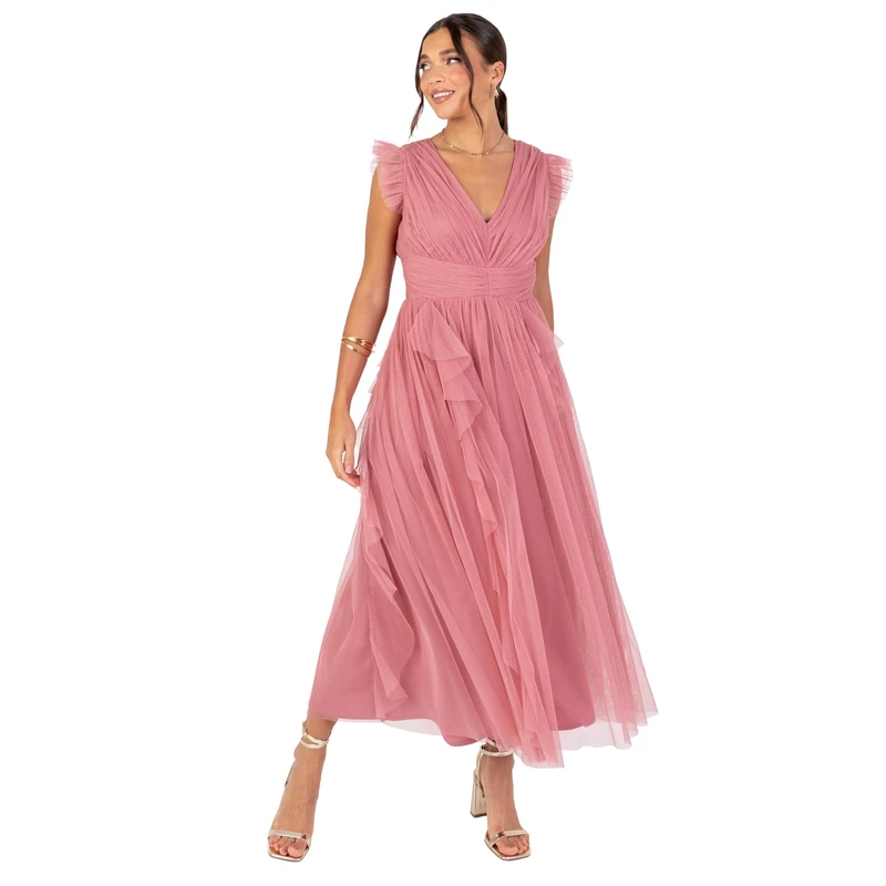 Anaya with Love Women's Midaxi Dress Ladies Recycled V-Neck Cap Sleeve A-line Tulle Ruffle Bridesmaid Wedding Guest Prom Evening Gown, Dusty Rose 10