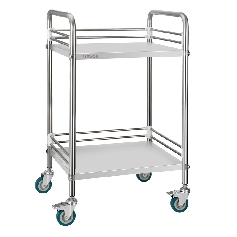 VEVOR Stainless Steel Cart, 2-Tier Rolling Lab Utility Cart with Lockable