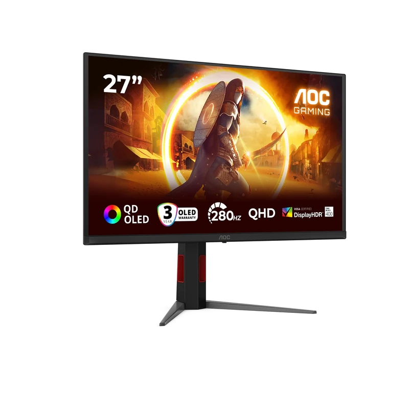 AOC Q27G4ZD 27 inch WQHD Monitor 280Hz, QD-OLED Panel, 0.03ms GtG, Adaptive Sync, HDR400 TrueBlack, G-Sync Compatible, Height Adjustment, (2560x1440 HDMI 2x 2.1 DP 1x 1.4 USB Hub) Black