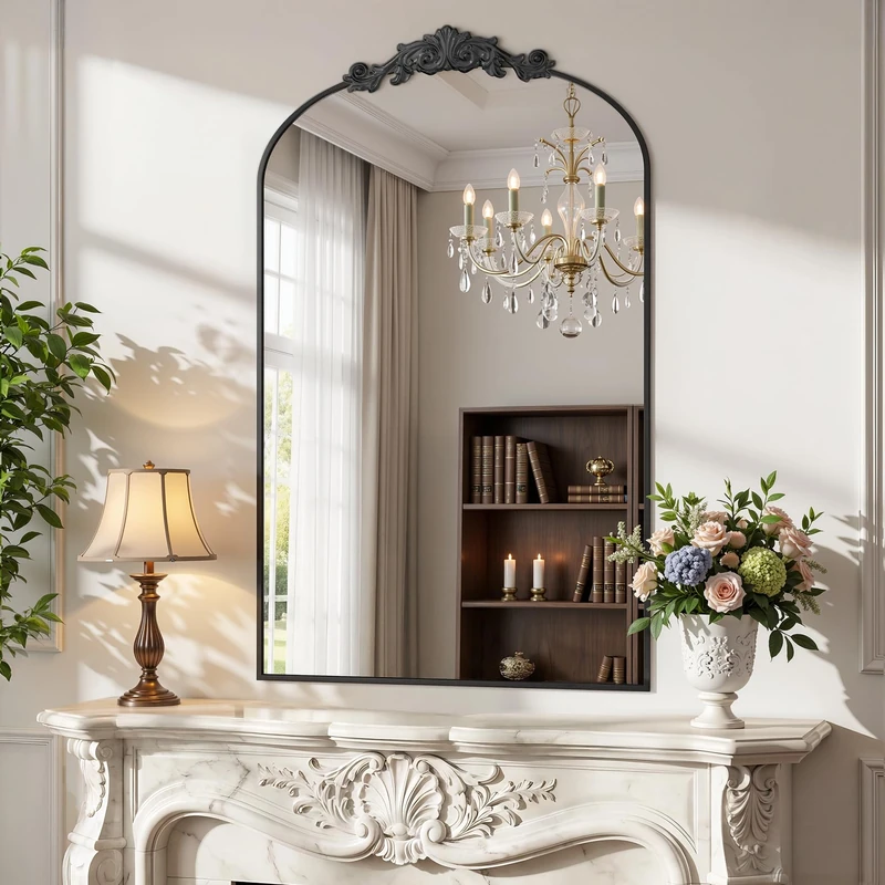 Antok 55 x 76 cm Bathroom Wall Mirror - Floral Pattern Hanging Curved Mirror with Shatterproof Glass and Aluminium Frame for Bathroom, Living Room, Bedroom, Hallway, Entrance Area