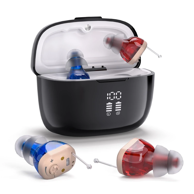 Rechargeable Sound Device for Seniors with Charging Case- Auto Turn On/Off & Noise Reduction, Clear Sound & Adjustable Volumes