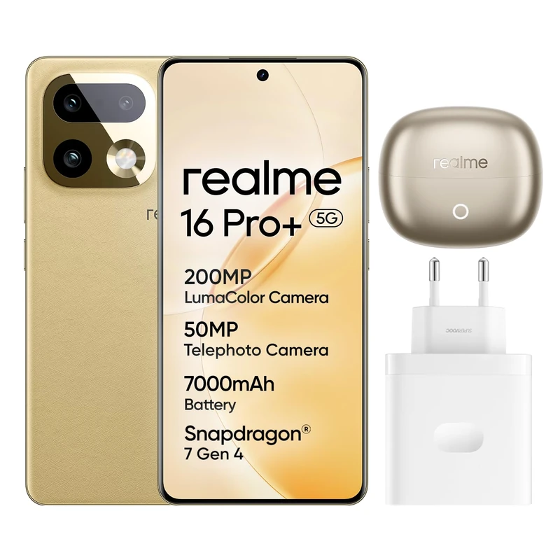 realme 16 Pro+ 5G Smartphone, 8GB+256GB, 144Hz AMOLED Curved Display 6.8", Battery 7000mAh, Camera 200MP OIS, IP69K, 80W Fast Charge, Dual SIM, Next AI, Gold（With Adapter）
