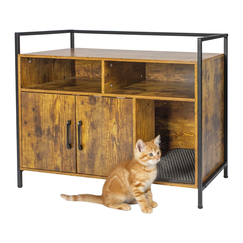 Relaxdays Cat Litter Tray Cabinet with Mat, Storage, Cat House – 74 x 90 x 45 cm, Brown/Black