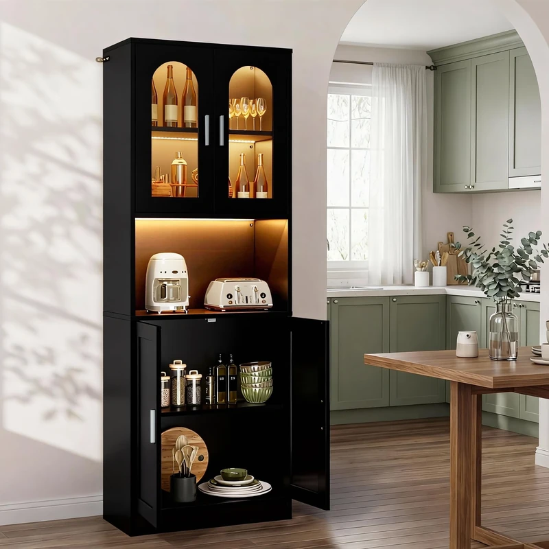 YITAHOME 170cm Tall Kitchen Cupboard Storage Cabinet Kitchen Sideboard Organizer with LED Lights & Adjustable Shelf, Display Cabinet with 2 Glass Doors for Dining Room Living Room, Black