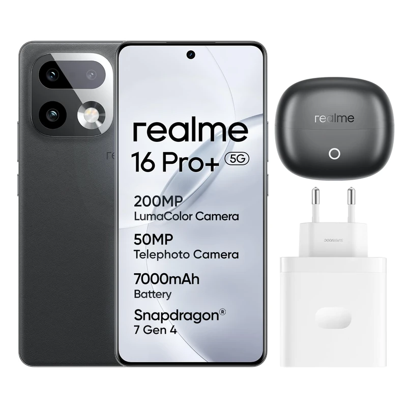 realme 16 Pro+ 5G Smartphone, 8GB+256GB, 144Hz AMOLED Curved Display 6.8", Battery 7000mAh, Camera 200MP OIS, IP69K, 80W Fast Charge, Dual SIM, Next AI, Grey（With Adapter）
