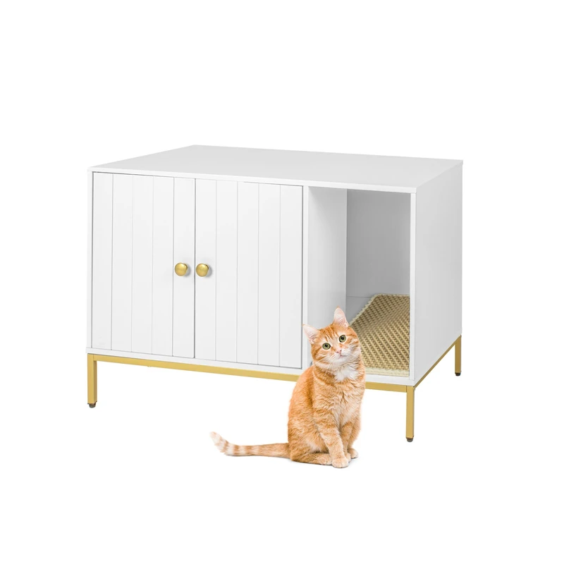 Relaxdays Cat Cabinet with Side Entrance, Litter Mat, 55x80x50 cm, White/Gold