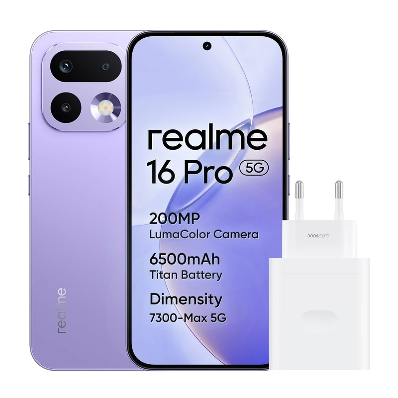 realme 16 Pro 5G Smartphone, 8GB+256GB, 144Hz AMOLED Display 6.78", Battery 6500mAh, Camera 200MP OIS, IP69K, 45W Fast Charge, Dual SIM, Next AI，Purple (With Adapter)