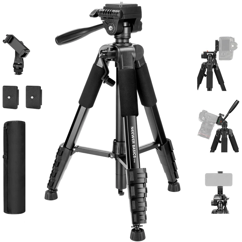 NEEWER BASICS Camera Tripod, 74" Tripod with Holder Mount Compatible with Camera for Video Recording, Professional Aluminum Lightweight Portable Travel Stand with 3 Way Pan Tilt Head, TP56