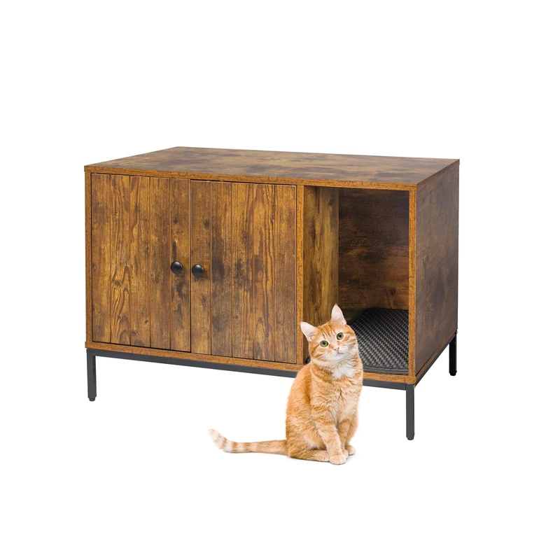 Relaxdays Cat Cabinet with Litter Mat, Entrance, 55×80×50 cm, Brown/Black, Cat House