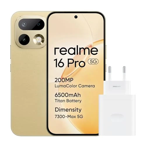 realme 16 Pro 5G Smartphone, 8GB+256GB, 144Hz AMOLED Display 6.78", Battery 6500mAh, Camera 200MP OIS, IP69K, 45W Fast Charge, Dual SIM, Next AI，Gold（No Adapter）