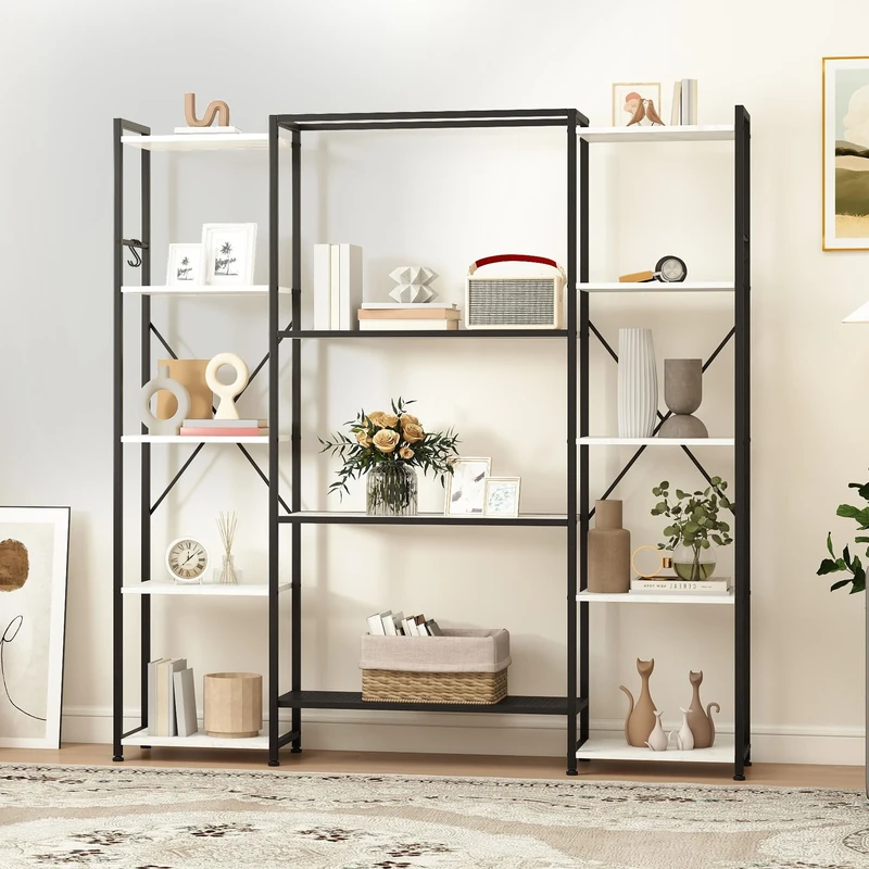 DWVO Wide Bookcase, Industrial Book Shelf with 13 Shelves Floor Standing Shelving Unit Wooden Shelf and Metal Book Rack, Display Storage Rack for Living Room, Home Office, Marble Texture