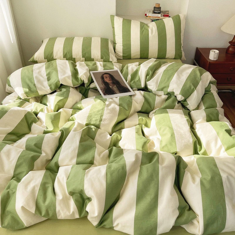LifeTB Twin XL Striped Comforter Set - Green White 3 Pieces