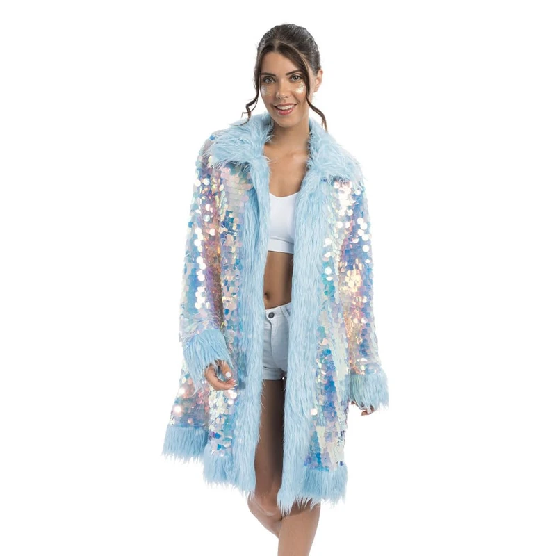 Chaks - Reversible Sequin Faux Fur Jacket, Rainbow Glitter Jacket, Costume Jacket for Festival and Carnival
