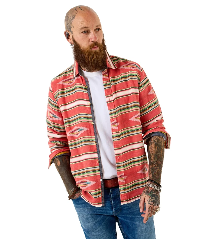 Joe Browns Men's Aztec Stripe Overshirt, Regular, Red, UK XXL