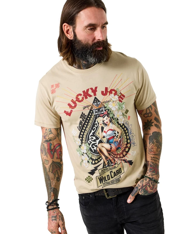 Joe Browns Men's Pin-up Lucky Card Graphic Tee, Regular, Cream, UK XL