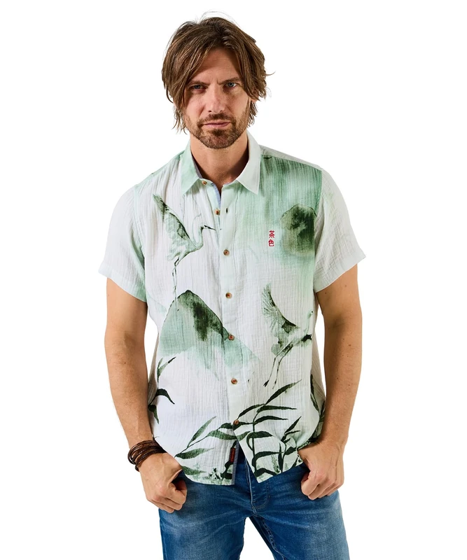 Joe Browns Men's Crane Japanese-Inspired Crinkle Short Sleeve Shirt, Regular, Green, UK M