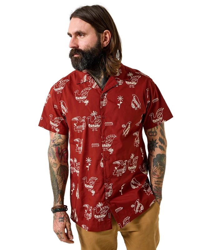 Joe Browns Mens Embroidered Bird Open Flat Collar Shirt, Rust, S UK