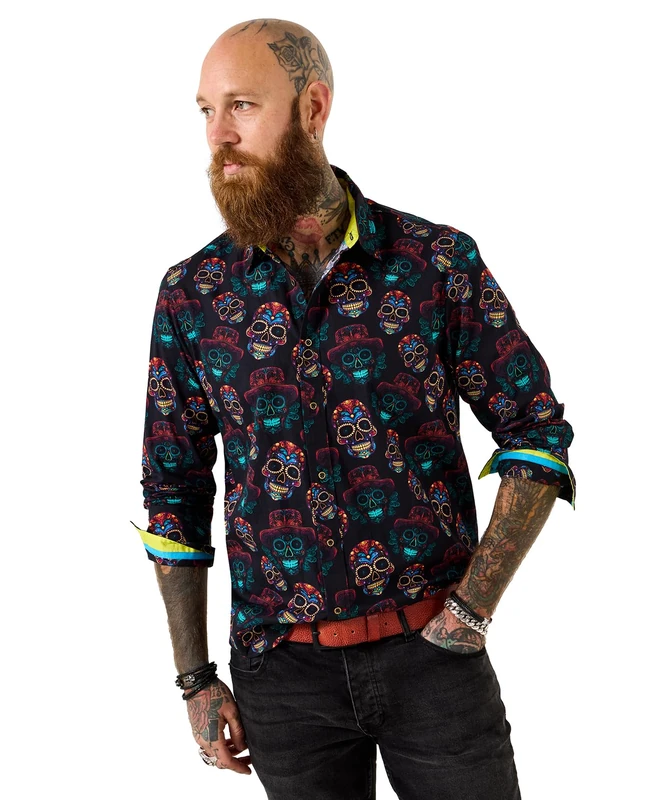 Joe Browns Men's Bold Neon Skull Print Shirt, Regular, Black, UK L