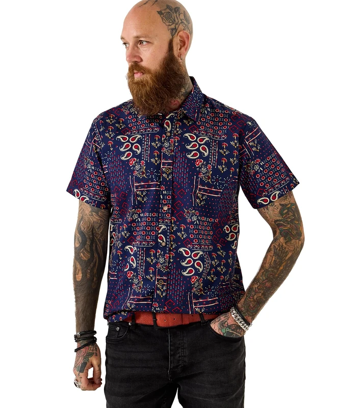 Joe Browns Men's Bandana Patchwork Print Short Sleeve Shirt, Regular, Blue, UK L - Image 1