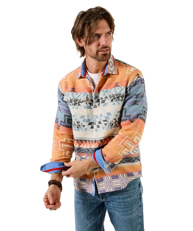 Joe Browns Men's Aztec Print Overshirt, Regular, Orange, UK XL