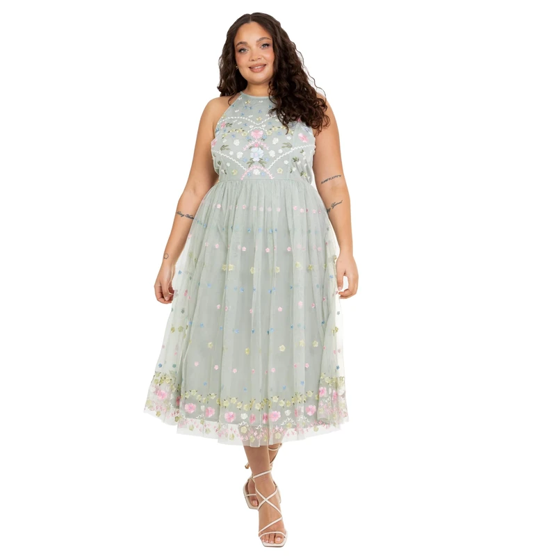 Maya Deluxe Women's Midaxi Dress Ladies Sleeveless Halterneck Floral Embroidered Tulle A-line Bridesmaid Wedding Guest Outfit, Sage Green 22