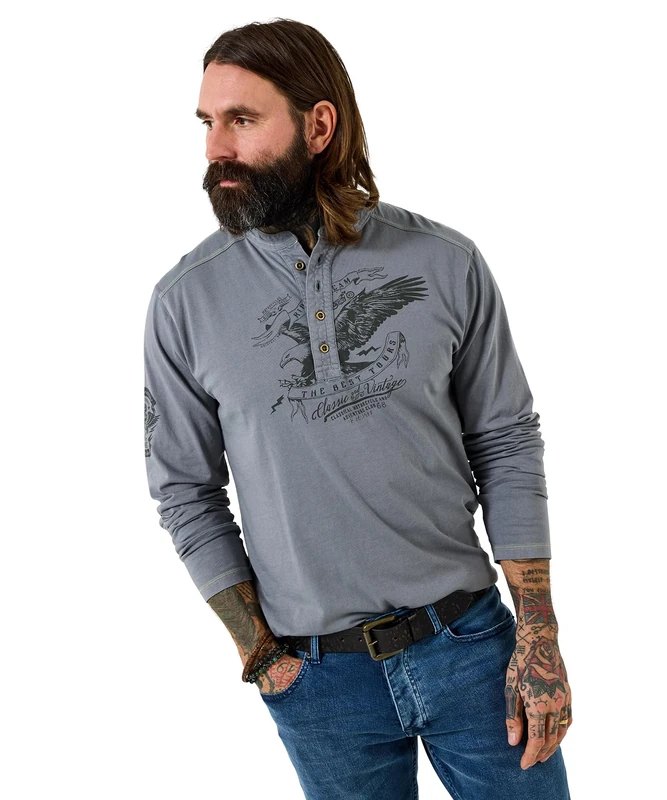 Joe Browns Men's Eagle Graphic Casual Henley Top, Regular, Grey, UK S