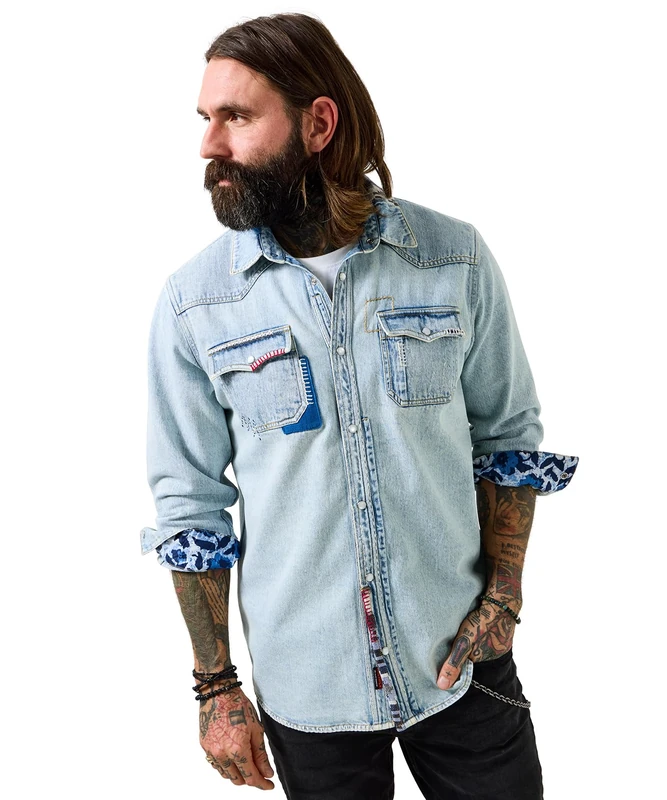 Joe Browns Mens Western-Inspired Customised Denim Shirt, Light Wash, XXL UK