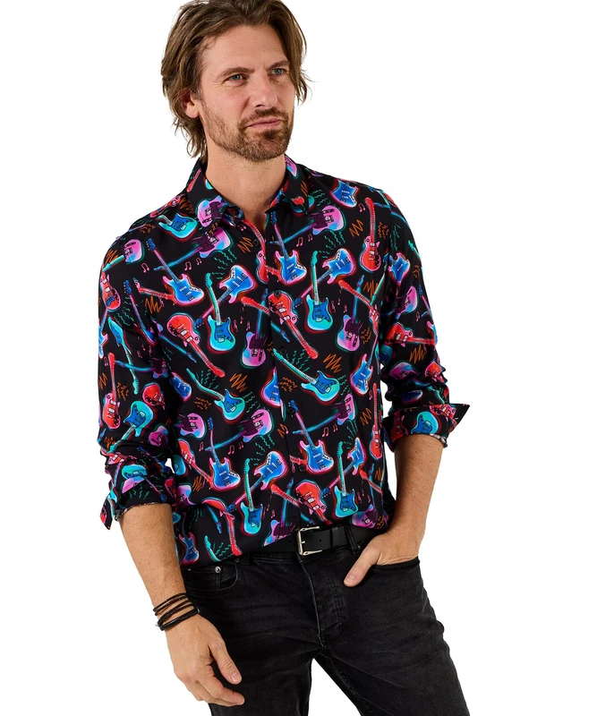 Joe Browns Men's Neon Guitar Print Long Sleeve Shirt, Regular, Multi, UK XL