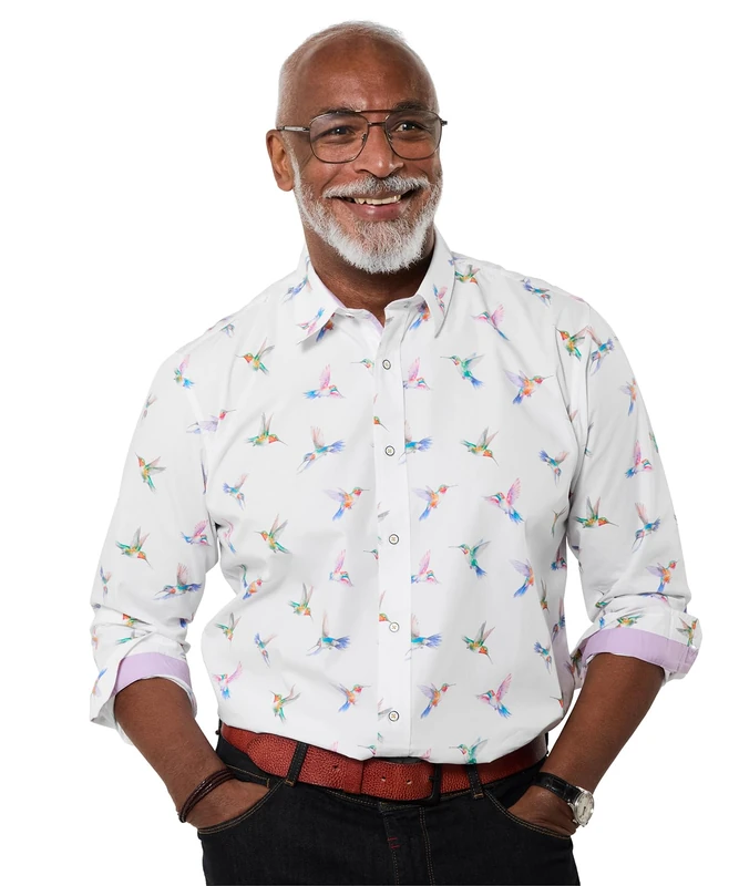 Joe Browns Men's Hummingbird Print Long Sleeve Shirt, Regular, White, UK XXL