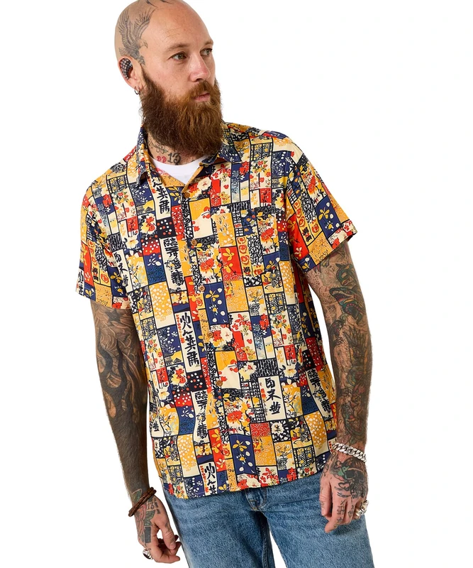 Joe Browns Men's Japanese Inspired Patchwork Shirt, Regular, Orange, UK M