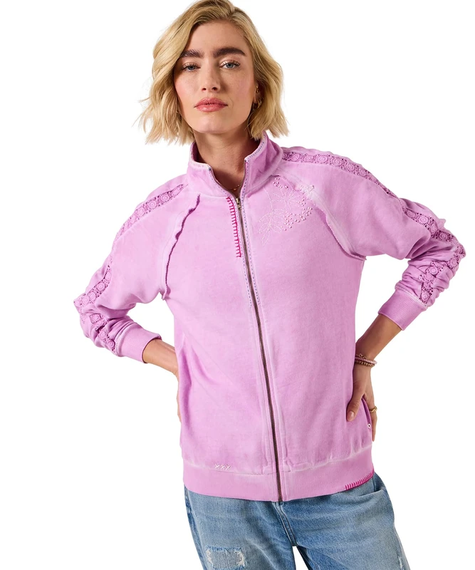 Joe Browns Women's High Neck Collar Embroidered Zip Through Sweatshirt, Regular, Pink, UK 14