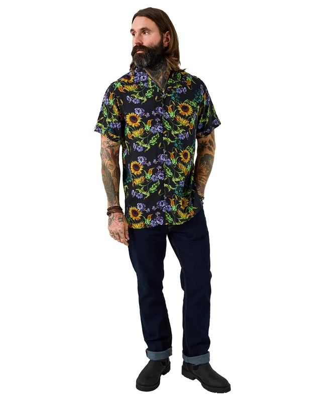 Joe Browns Men's Bold Sunflower Floral Print Short Sleeve Shirt, Regular, Black, UK XL
