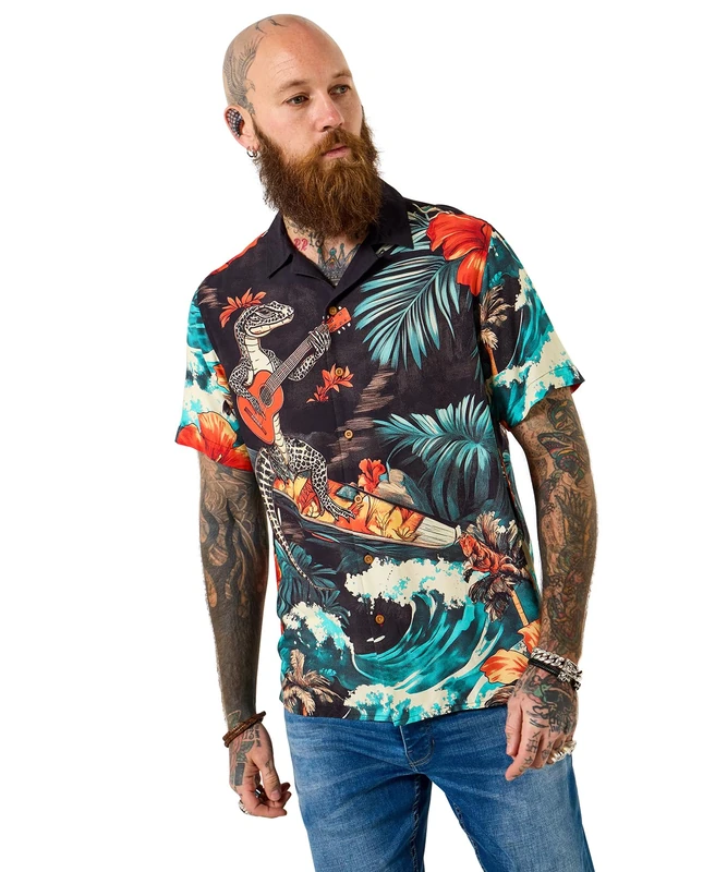 Joe Browns Men's Standout Lizard Surf Print Short Sleeve Shirt, Regular, Black, UK L