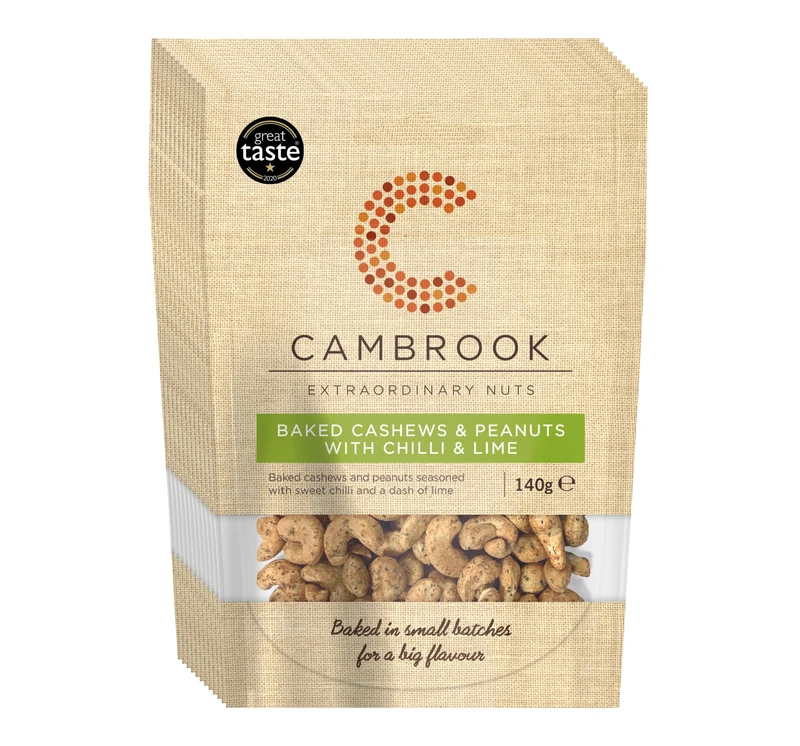 Cambrook - Baked Cashews & Peanuts with Chilli & Lime, 140g Bags, Pack of 12