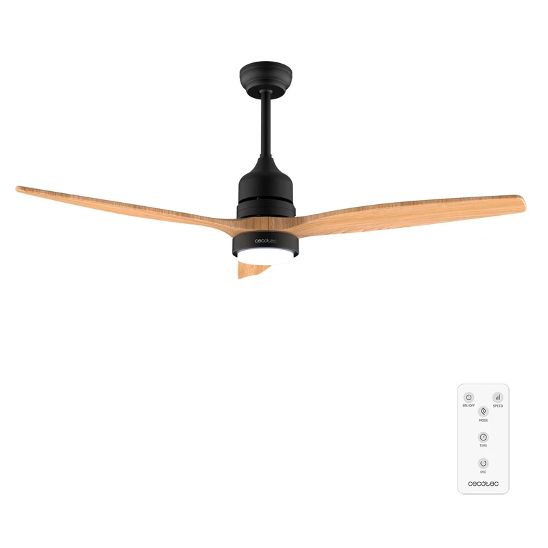 Cecotec EnergySilence Aero 5230 Black&Lightwood Ceiling Fan with Light and Remote Control 52 Inches DC Motor 40 W, 3 Blades, LED, Height Adjustable, Timer, 6 Speeds, Winter/Summer Mode