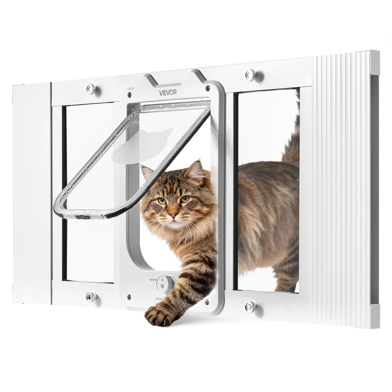 VEVOR Cat door for window, adjustable to fit window width 27"-32", 4 safe locking modes, aluminum frame and high transparent glass, close