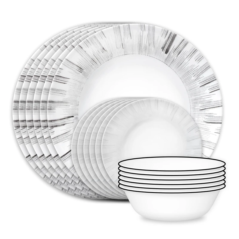 Corelle Vitrelle 18-Piece Service for 6 Dinnerware Set, Triple Layer Glass and Chip Resistant, Lightweight Round Plates and Bowls Set, Arica
