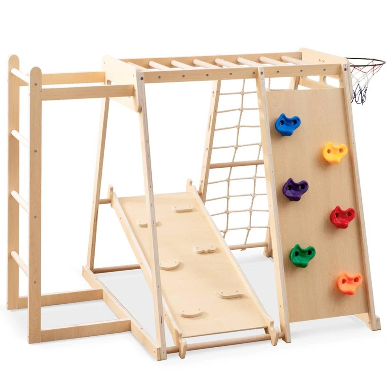 GYMAX 6 in 1 Kids Climbing Set, Wooden Toddler Climber Playset (Natural)
